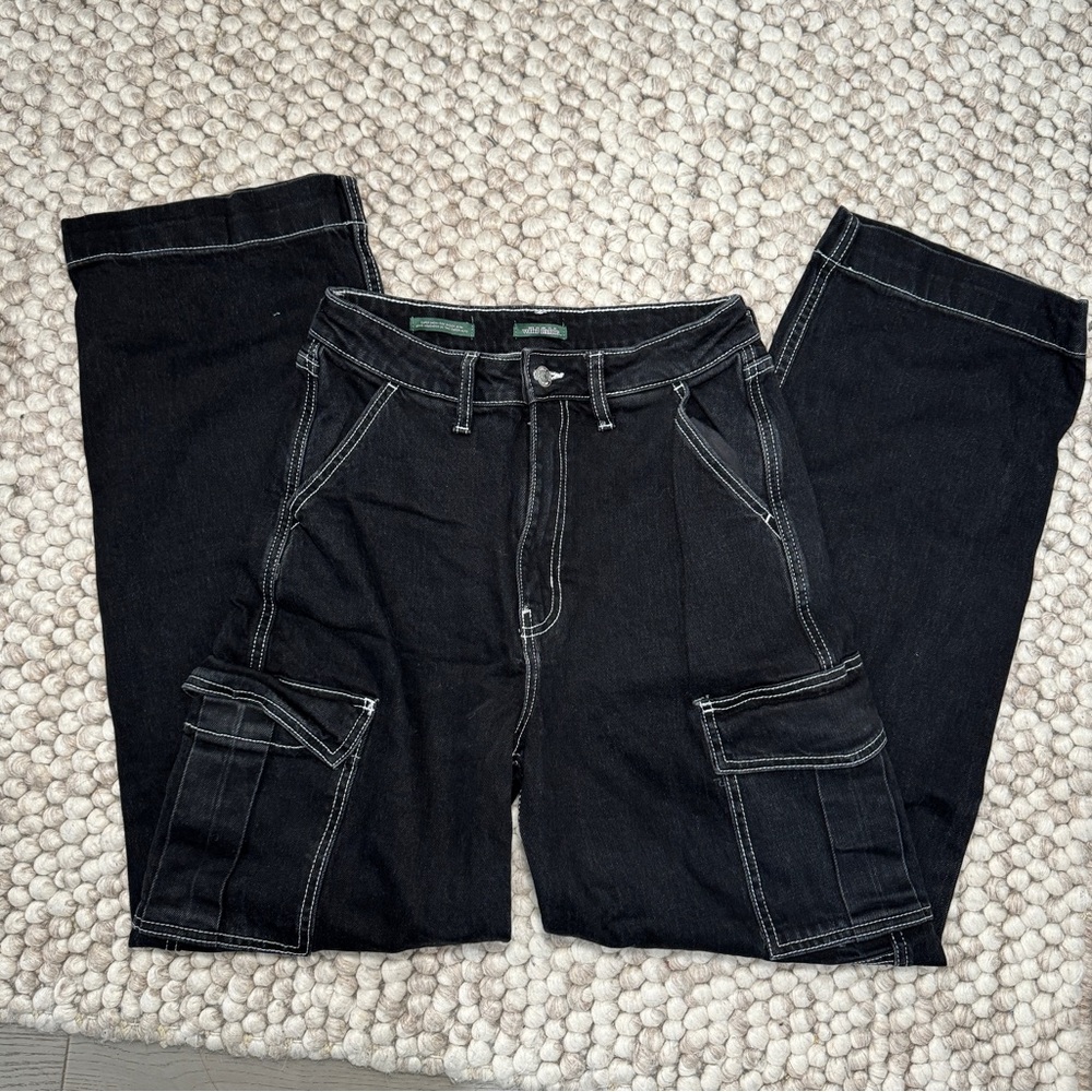 Contrast Stitch Black Wide Leg Jeans
